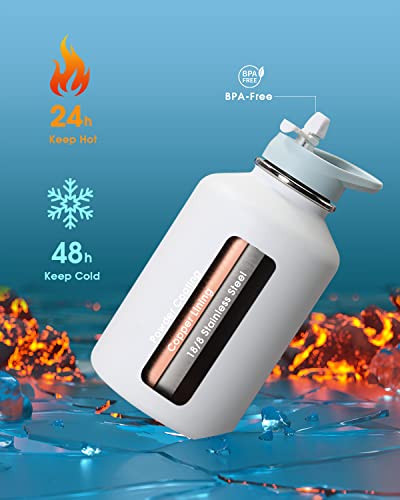 Coolflask 64 Oz Water Bottle Insulated With Pu Leather Sleeve, Half Gallon Water Bottle Color Contrast With Straw Lids, Stainless Steel Metal Large Water Jug, Keep Cold 48H Hot 24H,Glacier White #TOP2