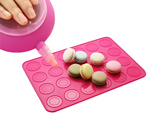 New JJMG French Macaroon Baking Set Tube Silicone Piping Pot Kit 4 Nozzle Tips Decorating Tool with 24 round Cookies Pink Sheet