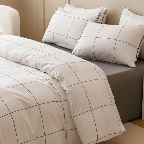 Image of KAREVER White Grid Comforter Twin Boys Grils Black Square Lines Checkered Bedding Set Twin White Plaid Comforter Twin Size