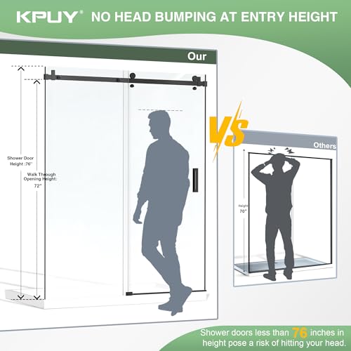 KPUY Frameless Shower Door, 50-54\" W x 76\" H Glass Shower Door, Sliding Shower Door with 1/4\" (6mm) Thick Tempered Clear Glass, Shower Glass Door with Explosion-Proof Film in Matte Black