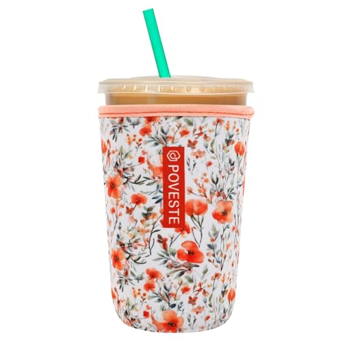 Image of Reusable Neoprene Insulator Sleeve for Iced Coffee & Cold Soda, Coffee Sleeves for Iced & Hot Drinks, Cold Beverage Cooler Compatible with Starbucks, Dunkin (Flower Power, Medium: 22-24oz)