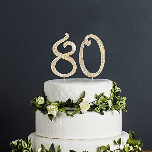 Number Cake Topper 80, Uniideco Gold Rhinestone Premium Metal Bling Bling Cake Decor, Sparkly Happy Birthday Wedding Anniversary Party Decoration Centerpiece #TOP1