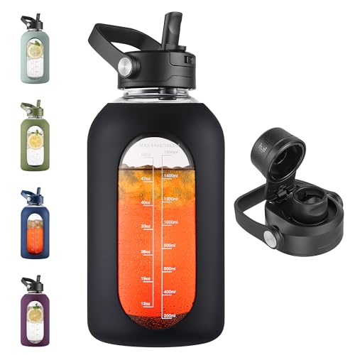 CIVAGO 64 oz Glass Water Bottle with Detachable Straw Half Gallon Water Jug with Bucket Handle Sports Motivational Water Bottle with Time Marker and Silicone Sleeve Large Flask Cup for Gym Black