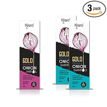 Kisra Gold Organic Onion Hair Oil Ultimate Hair Care Kit (1 x Hair Oil 100ml + 2 x Shampoo 100ml)