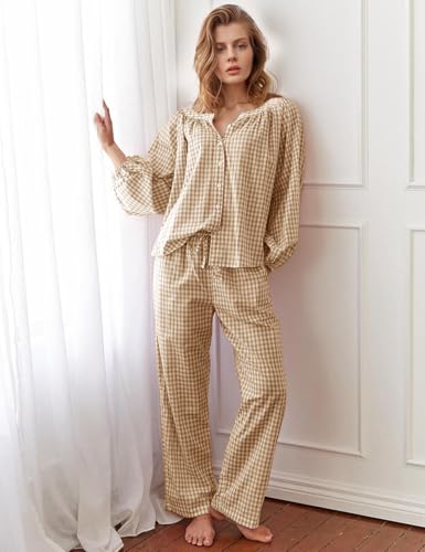 Flygo Womens Gingham Pajama Set 2 Piece Cotton Plaid Raglan Sleeve Button Top Straight Leg Pants Pjs Y2K Lounge Set Sleepwear2