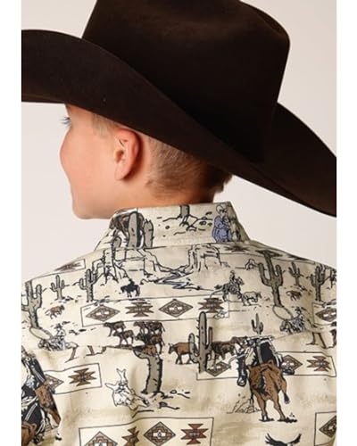 Roper Boys' Vintage Printed Long Sleeve Snap Western Shirt Brown Medium US2