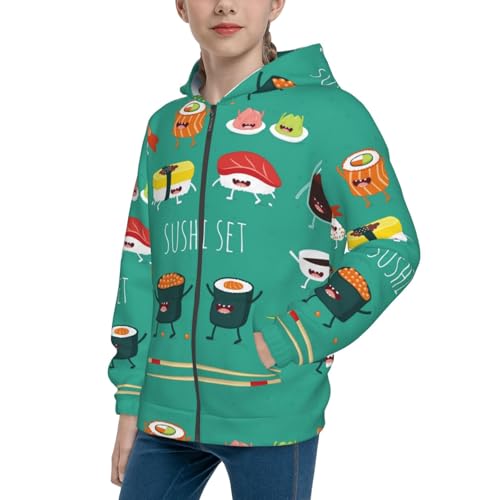 Cute Sushi Kids Pullover Hoodies Boys Zip Up Sweatshirts Girls Athletic Clothes with Pocket