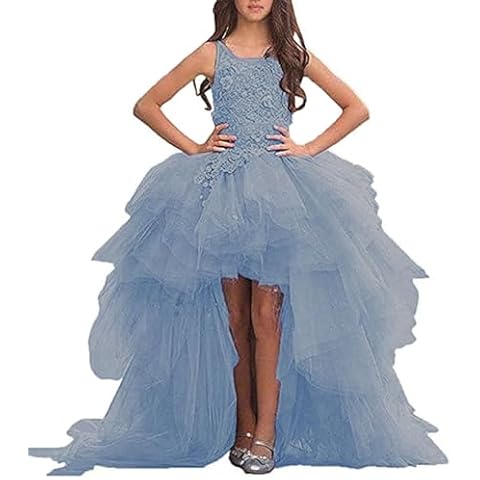CIYUGNGJG High Low Flower Girl Dress Dusty Blue Pageant Girls Dress Tulle Applique Ruffles Communion Ball Gown Cover