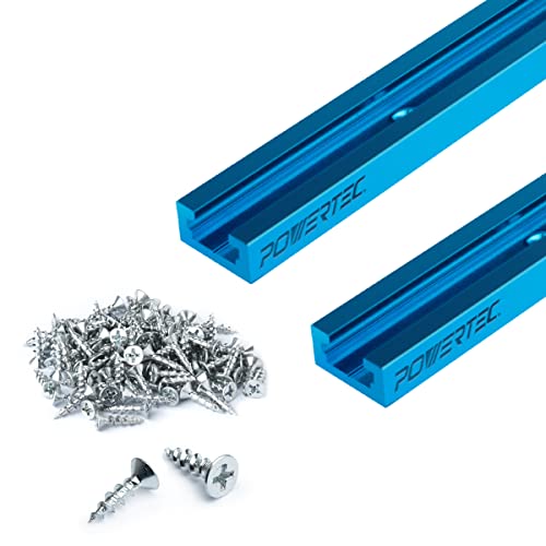POWERTEC 71859-2 rieles universales en T de 24 pulgadas con 100 tornillos de madera, perfil de doble corte en T con agujeros de montaje preperforados