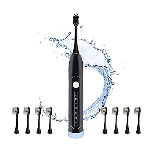 Electric Sonic Toothbrush for Adult and Kids: Sonic Cleaning Rechargeble Toothbrushes with IPX7 Waterproof, Rechargeable Electronic Portable Toothbrushes with 8 Brush Heads, 6 Modes (Black)…