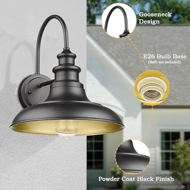 Outdoor Barn Light Fixture, 12.3 Inch Large Dome Farmhouse Wall Mount Light Gooseneck Wall Sconce Exterior Wall Lighting Fixture Industrial Black Finish Lantern for Porch with Gold Interior, 1pack