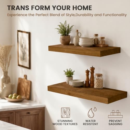 Image of Solid Wood Floating Shelves for Wall 36 inch,Walnut Wooden Shelf Set of 2