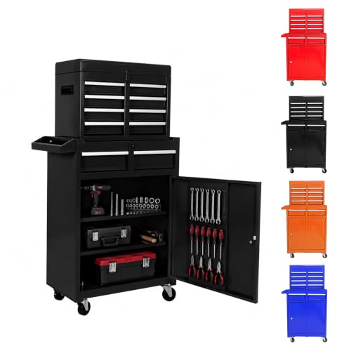 5-Drawer Tool Chest, Detachable Top Box for Garage, Black | Rolling Mobile Storage Cabinet Organizer with Lockable Wheels for Workshop Utility, Heavy Duty Metal Construction