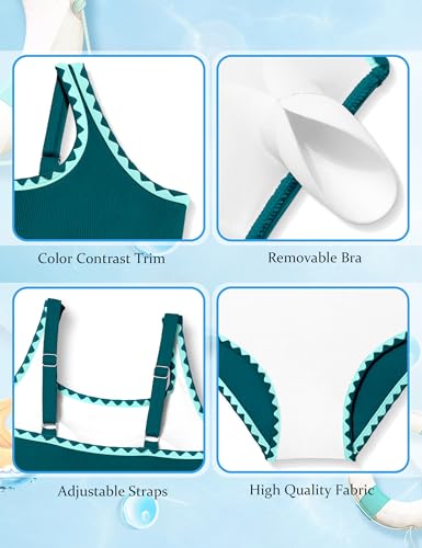 Image of Qaoerde Girls Swimsuit One Piece Swimsuits Solid Color Bathing Suit Colorful Contrast Trim Adjustable Straps Swimwear 9-16Y