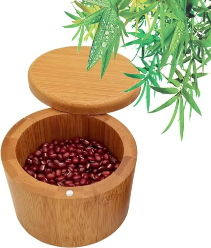 Salero Cocina de Bambú Caja, Caja Almacenamiento de Especias, Caja de Sal Bambú, Salero Cocina De Bambú, Natural Caja Almacenamiento Madera con Tapa Giratoria Magnética para Cocina (9x7cm)
