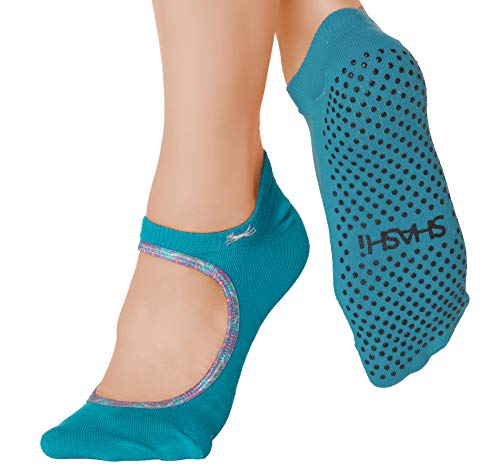 SHASHl Fashion Socks for Women â€“ Turquoise Fashion Socks for Girls, Electric Colorful Trim - Mary Jane Style Non Slip Pilates Socks â€“ Grip Fashion Ankle Socks for Dance, Yoga, & Barre Socks (XS)