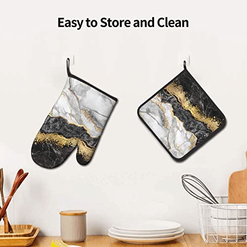 Black White Gold Foil Marble Print Oven Mitts And Pot Holders Sets Of 2 Kitchen Decor Resistant Hot Pads With Polyester Non-Slip Bbq Gloves #TOP5