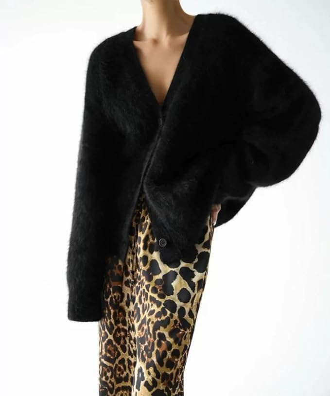 Image of Womens Fuzzy Sweaters Cardigan V-Neck Button Down Oversized Mohair Sweater Casual Y2k 2026 Fall Winter