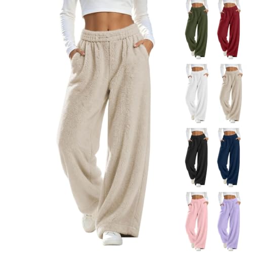 Fluffy Pajama Pants for Women Plush Fuzzy Solid Cute Pajama Pants Beige - image 1
