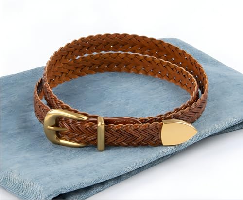 Women's Braid Leather Belt,Skinny Woven Waist Belt with Gold Buckle,Dress and Jeans Belt3