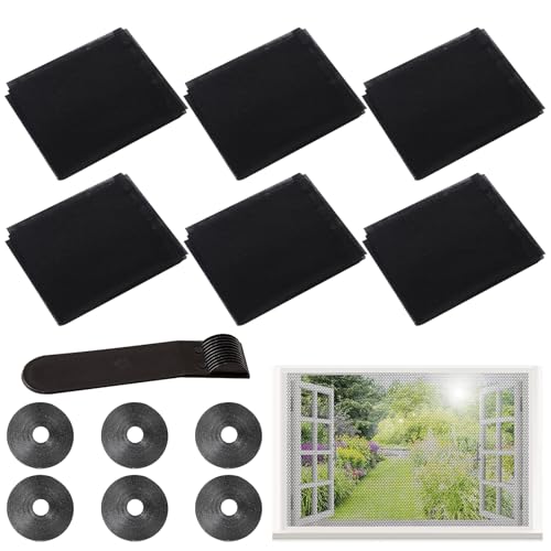 GmwyCzV 6 Stück Fliegengitter Fenster, 150 x 130cm Insektenschutz-Fenster mit Klettband und Presshilfe, Zuschneidbar Insektenschutzgitter die an Meisten Fenster Passen (Schwarz)