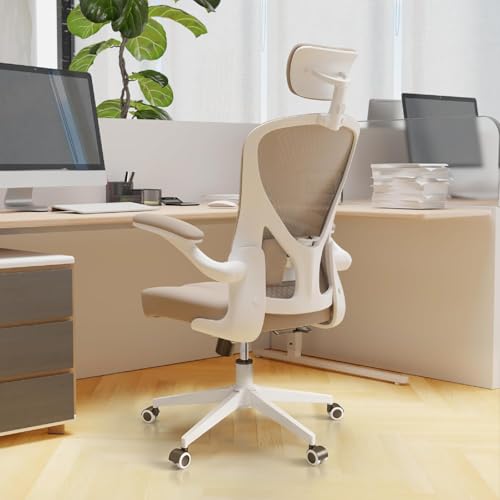 Ergonomic Office Chair with Adjustable Flip-Up Armrests & Lumbar Support - Thickened Cushion Desk Chair with Wheels, Comfy Home Office Computer Chair 02h-khaki-m