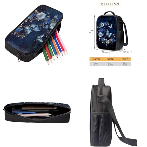 Lotusorchid Butterfly School Backpack Set for Kids 8-12, Floral Kids Students Bookbag with Zipper Pocket, School Bag with Lunch Bag Pencil Case, Kids 3 Pack Students Knapsack Set for School, Blue2