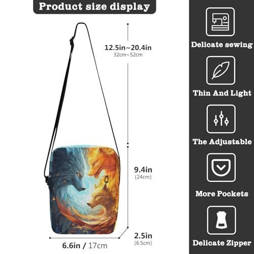 Crossbody Bag Fire Blue Flame Wolf Fighting Messenger Bag for Women Men Purse Shoulder Bag Satchel Bag with Adjustable Strap 214A70913