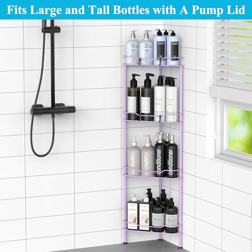 Image of HuggieGems Metal Floor Standing Corner Shower Caddy, Light Purple, 4 Tier | Adhesive Bathroom Organizer Shelves, Free Standing Shower Rack with Hooks, Hold Large Shampoo Bottles
