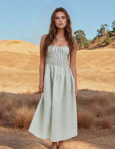 Image of Women's 2025 Summer Striped Smocked Maxi Dress Sleeveless Boho Sundress Double Strap Flowy Swing for Beach Vacation