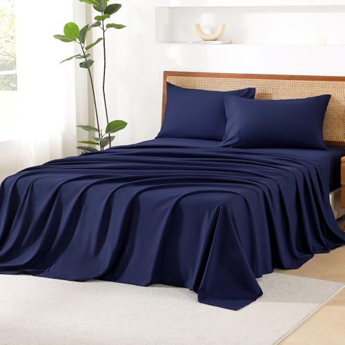 Image of Litanika Super King Size Comforter Set with Sheets Navy Blue - 7 Pieces Bed in a Bag Oversized King Boho Tufted Complete Bedding Sets with Comforter, Sheets, Pillowcases & Shams