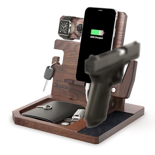 BarvA Adaptive Wood Gun Rack Phone Wallet Docking Station Military Watch Night Stand Key Holder Side Table Charging Station Self Defense Desk Organizer Tray Tactical Gear Men Accessories Bedside Caddy