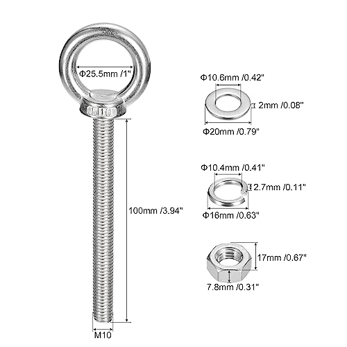 Image of uxcell Lifting Eye Bolt, 1 Set M10x100mm Eye Bolt with Nut Washer 304 Stainless Steel Shoulder Lifting Ring Eye Bolt for Hanging Item