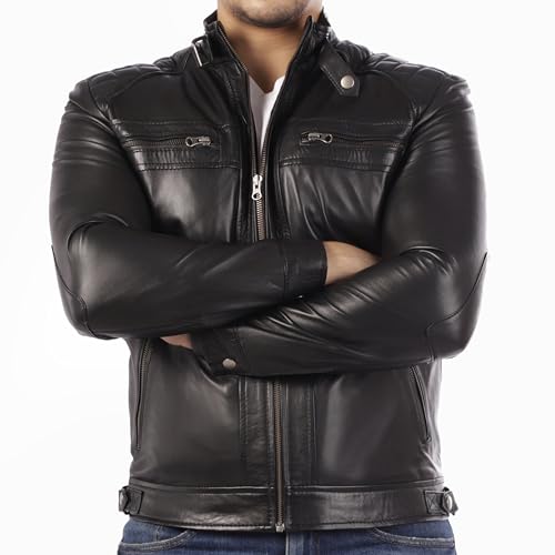 Image of Jild Signature Diamond Style Lambskin Leather Jacket Men - Premium Leather Cafe Racer Vintage Look Motorcycle Jacket Men