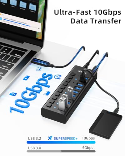 Image of AGEEN 10-Port USB 3.2 Gen 2 Hub, 10Gbps High-Speed Aluminum Powered Hub with 48W Adapter, Individual Switches & Surge Protection for PC /Laptop, Flash Drive, Printer, Camera