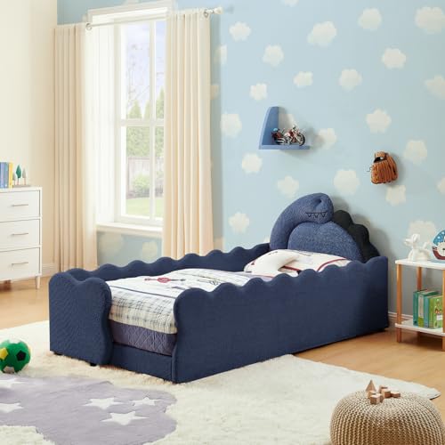 Image of Twin Size Kids Bed with Dinosaur Headboard, Upholstered Boucle Fabric Twin Daybed with Slats Support & Side Pocket, Space-Saving Wooden Corner Sofa Couch Day Bed Frame for Girl, Boy, Teenager(Blue)