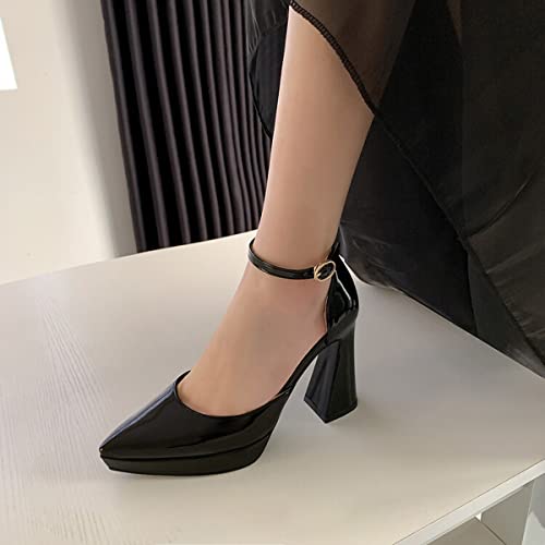 CoceMoce Elegant Pointed Toe Platform Thick Chunky High Heel Pumps for Women Patent Leather Ankle Buckle Strap Dress Shoes Wedding Working Office Evening Party Dating4