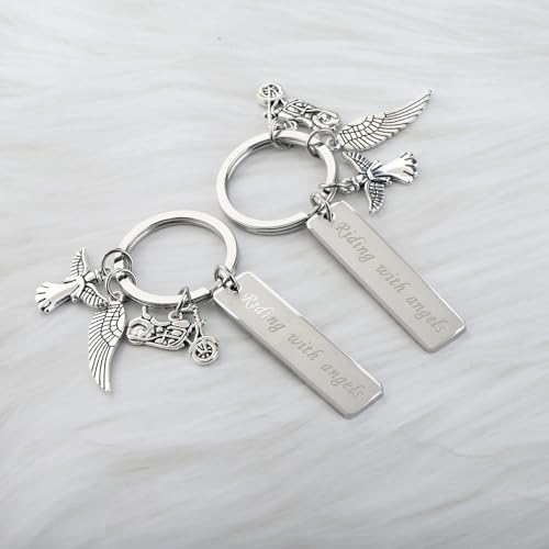 CENWA 2 PCS Motorcycle Memorial Jewelry Riding with Angels Keychain Memorial for Brother Dad Husband Sympathy Gift3