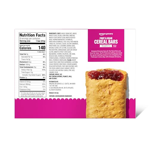 Image of Amazon Grocery, Fruit & Grain Cereal Bars, Raspberry, 1.3 Oz, 8 Ct