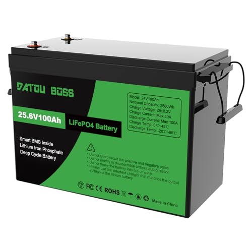 DATOUBOSS Batería de Litio LiFePO4 de 24V 100Ah, BMS Integrado de 100A, hasta 15 000 Ciclos Profundos, Salida Máxima de 2560Wh, Compatible con Conexión en Serie/Paralelo, para Camper, Sistema Solar DATOUBOSS Batería de Litio LiFePO4 de 24V 100Ah, BMS Integrado de 100A, hasta 15 000 Ciclos Profundos, Salida Máxima de 2560Wh, Compatible con Conexión en Serie/Paralelo, para Camper, Sistema Solar