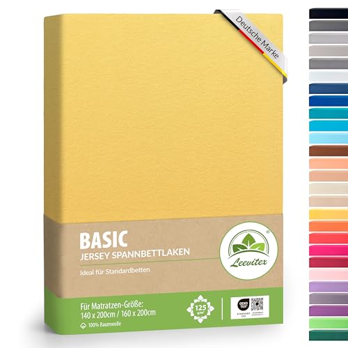 leevitex® Spannbettlaken 140x200cm - 160x200 cm | Spannbetttuch Bettlaken | 100% Jersey Baumwolle | Matratzenhöhe bis 25 cm | Ökotex | Gelb