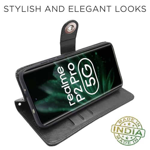 Image of Pikkme Flip Cover Leather Finish | Inside TPU with Card Pockets | Wallet Stand and Shock Proof | Complete Protection Button Flip Case for Realme P2 Pro 5G (Black)