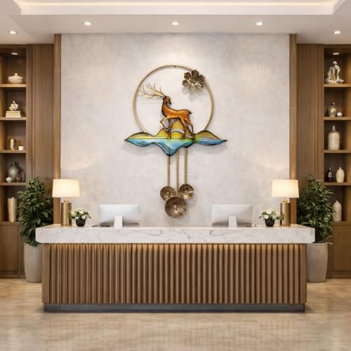 Image of SHREE 'O' GREEN TECH - Large Handcrafted Metal Golden Deer Wall Art with Leaf Frame Multicolor Decor for Home, Living Room, Drawing Room & Bedroom Decor (Size 22x42 Inch)
