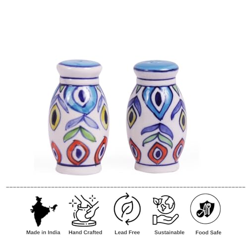 Image of VarEesha Hand Painted Multicolored Ceramic Salt n Pepper Set for Dining Table Used as Namak Dhani, Shaker, Sprinkler for Home, Kitchen and Restaurant