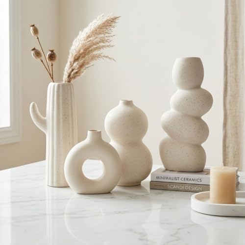 Image of Modern Ceramic Vase Set of 4 | Nordic Minimalist Donut, Bubble, Twisted & Cactus Design Decorative Flower Vases | Matte White Home Decor for Living Room, Center Table & Shelf
