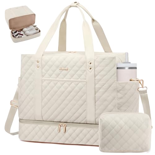Image of LOVEVOOK Large Travel Duffle Bag for Women, 52L Weekender Bags with Shoe Compartment & Wet Pocket, Quilted Carry On Personal Item Bag, Overnight Hospital Bags for Labor Delivery Beige