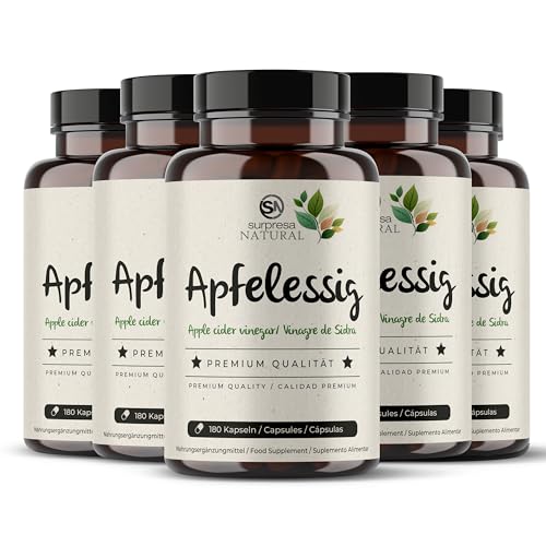 Surpresa Natural Cápsulas de vinagre de sidra de manzana, 5 x 180 cápsulas, 1000 mg de vinagre de sidra de manzana por dosis diaria, suplemento dietético vegano y probado en laboratorio I Vinegar de
