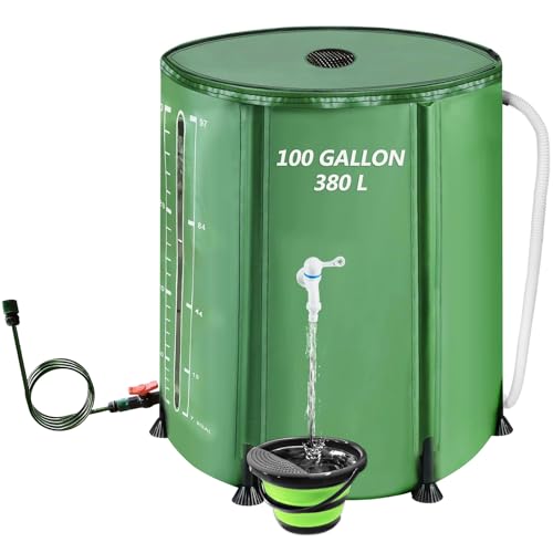 Iriisy 100 Gallon Collapsible Rain Barrel, 380L Water Storage Tank with Scale Mark for Garden Plant Watering, Farm Irrigation, XL Rainwater Collection System with Spigots, Overflow Kit, Hoses
