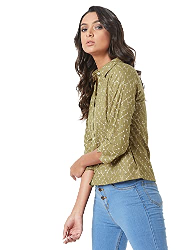 Image of Miss Chase Women's Multicolored-Base Olive Green Collared 3 /4 Sleeves Printed Basic Regular Length Shirt