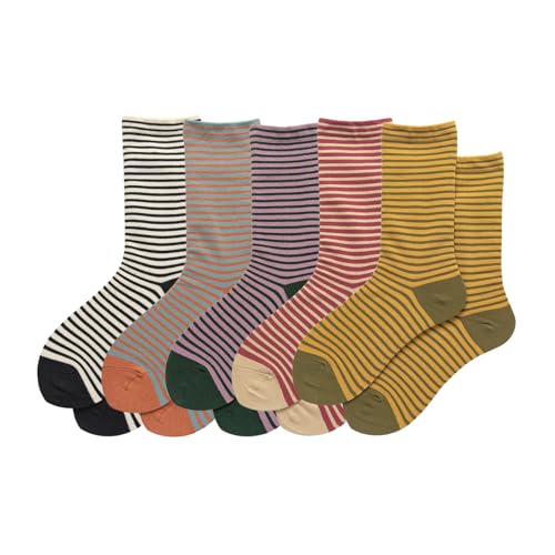 LilRoot Vintage Striped Socks Women Preppy Style Aesthetic Crew Socks Cotton Novelty Casual Socks Gift for Christmas -5 pack